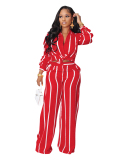 Women Long Sleeve Lapel Fashion Striped Shirt Loose Wide Leg Pnats Sets Two Pieces Outfit Yellow Orange Blue White Black Pink Green Red S-2XL
