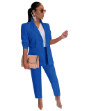 Women Long Sleeve Solid Color Business Suit Two Pieces Outfit Pants Sets Black Red Blue White Rosy Apricot S-2XL
