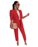 Women Long Sleeve Solid Color Business Suit Two Pieces Outfit Pants Sets Black Red Blue White Rosy Apricot S-2XL
