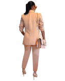 Women Long Sleeve Solid Color Business Suit Two Pieces Outfit Pants Sets Black Red Blue White Rosy Apricot S-2XL