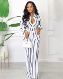 Women Long Sleeve Lapel Fashion Striped Shirt Loose Wide Leg Pnats Sets Two Pieces Outfit Yellow Orange Blue White Black Pink Green Red S-2XL