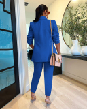 Women Long Sleeve Solid Color Business Suit Two Pieces Outfit Pants Sets Black Red Blue White Rosy Apricot S-2XL