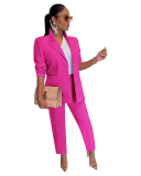 Women Long Sleeve Solid Color Business Suit Two Pieces Outfit Pants Sets Black Red Blue White Rosy Apricot S-2XL