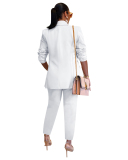 Women Long Sleeve Solid Color Business Suit Two Pieces Outfit Pants Sets Black Red Blue White Rosy Apricot S-2XL