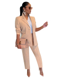 Women Long Sleeve Solid Color Business Suit Two Pieces Outfit Pants Sets Black Red Blue White Rosy Apricot S-2XL