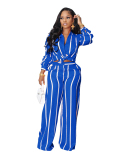 Women Long Sleeve Lapel Fashion Striped Shirt Loose Wide Leg Pnats Sets Two Pieces Outfit Yellow Orange Blue White Black Pink Green Red S-2XL