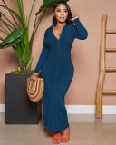 Autumn New V Neck Long Sleeve Women Ruched Solid Color Maxi Dresses Black Yellow Green Rosy Orange Red S-2XL