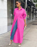 Women Autumn New Fashion Casual Solid Color Long Sleeve Long Shirt Coat White Black Khaki Gray Yellow Rosy Blue S-2XL