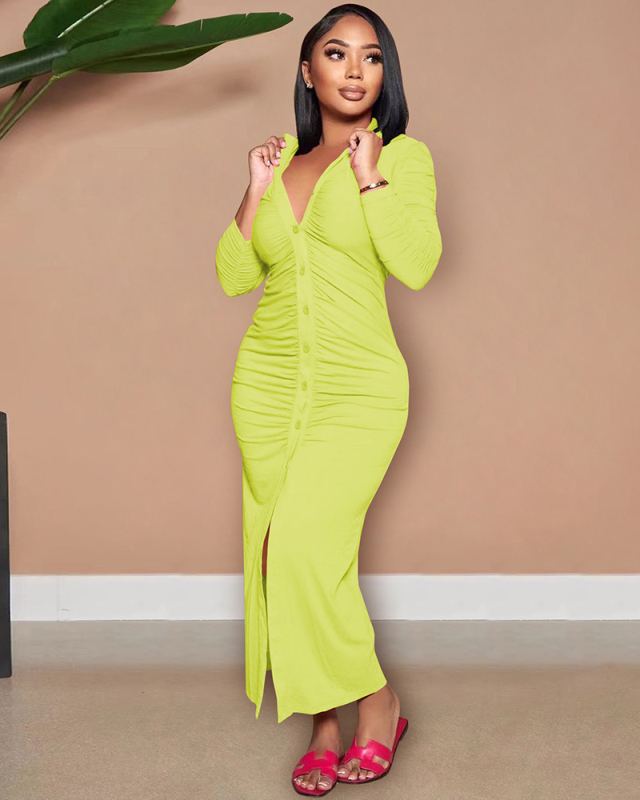 Autumn New V Neck Long Sleeve Women Ruched Solid Color Maxi Dresses Black Yellow Green Rosy Orange Red S-2XL