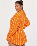 Sexy Fashion Ruched Lapel Women Stripe Shorts Sets Casual Two Pieces Outfit Black Orange Blue S-XL