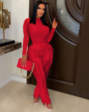 Women Long Sleeve Popular Tassels Pants Solid Color Two Pieces Outfit Pants Sets Black Red Rosy Yellow Green Blue White Orange S-2XL
