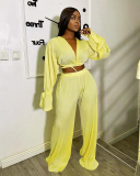 Women Long Sleeve V Neck Loose Vacation Pants Sets Two Pieces Outfit Yellow Pink White Black Red Green Blue S-2XL