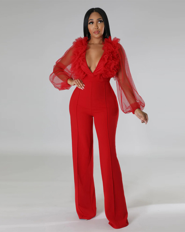 V-neck Long Sleeve Mesh Sexy Ladies Jumpsuit Hot Sale S-2XL