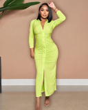 Autumn New V Neck Long Sleeve Women Ruched Solid Color Maxi Dresses Black Yellow Green Rosy Orange Red S-2XL
