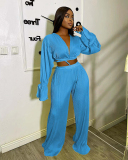 Women Long Sleeve V Neck Loose Vacation Pants Sets Two Pieces Outfit Yellow Pink White Black Red Green Blue S-2XL