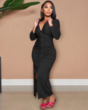 Autumn New V Neck Long Sleeve Women Ruched Solid Color Maxi Dresses Black Yellow Green Rosy Orange Red S-2XL
