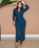 Autumn New V Neck Long Sleeve Women Ruched Solid Color Maxi Dresses Black Yellow Green Rosy Orange Red S-2XL