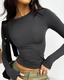 Hot Sale Women Long Sleeve O Neck Solid Color Slim Basic T-shirt XS-L