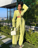 Women Long Sleeve V Neck Loose Vacation Pants Sets Two Pieces Outfit Yellow Pink White Black Red Green Blue S-2XL