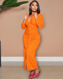 Autumn New V Neck Long Sleeve Women Ruched Solid Color Maxi Dresses Black Yellow Green Rosy Orange Red S-2XL