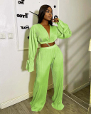 Women Long Sleeve V Neck Loose Vacation Pants Sets Two Pieces Outfit Yellow Pink White Black Red Green Blue S-2XL