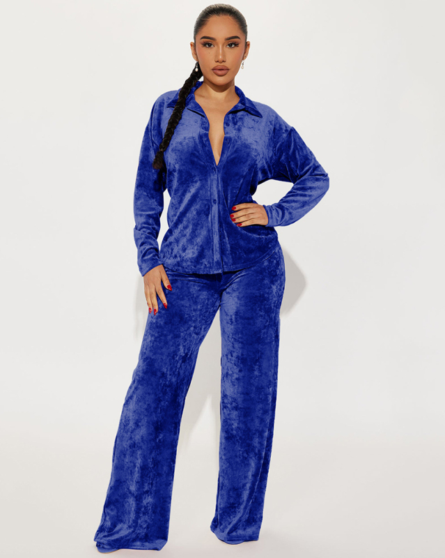 Women Long Sleeve Lapel Velvet Loose Wide Leg Pants Sets Two Pieces Outfit Light Blue Royal Blue Red S-XL