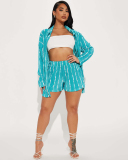 Sexy Fashion Ruched Lapel Women Stripe Shorts Sets Casual Two Pieces Outfit Black Orange Blue S-XL