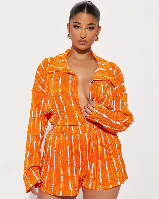 Sexy Fashion Ruched Lapel Women Stripe Shorts Sets Casual Two Pieces Outfit Black Orange Blue S-XL