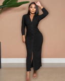 Autumn New V Neck Long Sleeve Women Ruched Solid Color Maxi Dresses Black Yellow Green Rosy Orange Red S-2XL