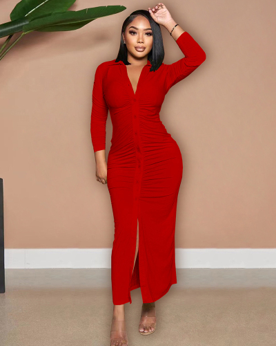 Autumn New V Neck Long Sleeve Women Ruched Solid Color Maxi Dresses Black Yellow Green Rosy Orange Red S-2XL