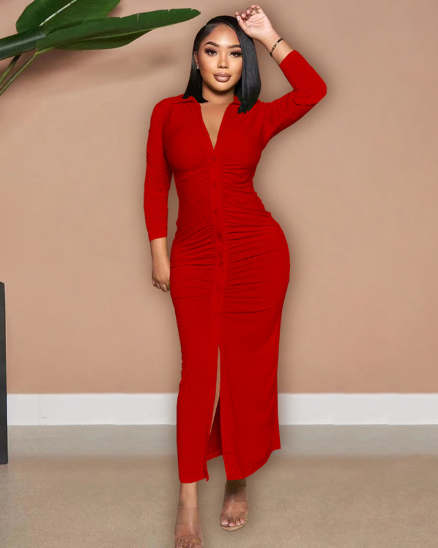 Autumn New V Neck Long Sleeve Women Ruched Solid Color Maxi Dresses Black Yellow Green Rosy Orange Red S-2XL