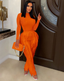 Women Long Sleeve Popular Tassels Pants Solid Color Two Pieces Outfit Pants Sets Black Red Rosy Yellow Green Blue White Orange S-2XL