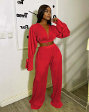 Women Long Sleeve V Neck Loose Vacation Pants Sets Two Pieces Outfit Yellow Pink White Black Red Green Blue S-2XL