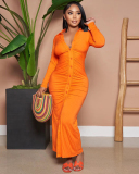 Autumn New V Neck Long Sleeve Women Ruched Solid Color Maxi Dresses Black Yellow Green Rosy Orange Red S-2XL