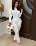 Women Long Sleeve Popular Tassels Pants Solid Color Two Pieces Outfit Pants Sets Black Red Rosy Yellow Green Blue White Orange S-2XL