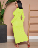 Autumn New V Neck Long Sleeve Women Ruched Solid Color Maxi Dresses Black Yellow Green Rosy Orange Red S-2XL