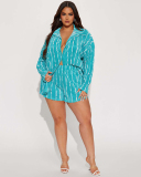 Sexy Fashion Ruched Lapel Women Stripe Shorts Sets Casual Two Pieces Outfit Black Orange Blue S-XL