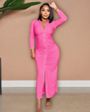 Autumn New V Neck Long Sleeve Women Ruched Solid Color Maxi Dresses Black Yellow Green Rosy Orange Red S-2XL