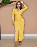 Autumn New V Neck Long Sleeve Women Ruched Solid Color Maxi Dresses Black Yellow Green Rosy Orange Red S-2XL