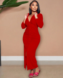Autumn New V Neck Long Sleeve Women Ruched Solid Color Maxi Dresses Black Yellow Green Rosy Orange Red S-2XL