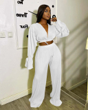 Women Long Sleeve V Neck Loose Vacation Pants Sets Two Pieces Outfit Yellow Pink White Black Red Green Blue S-2XL