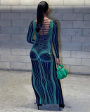 New Long Sleeve 3D Body Printed Bodycon Maxi Dresses Black S-XL