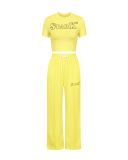 Women Letter Printing Casual Short Sleeve Loose Pants Sets Two Pieces Outfit Rose Yellow Blue S-XL