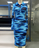 Women Long Sleeve Printed Ruched Lapel Sexy Bodycon Casual Midi Dresses Rosy Blue Green Orange S-XL