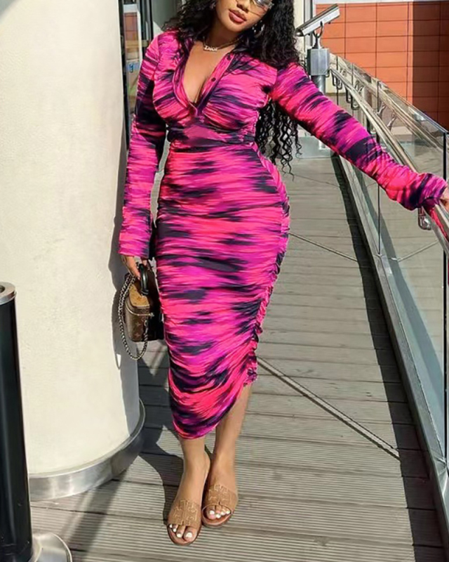 Women Long Sleeve Printed Ruched Lapel Sexy Bodycon Casual Midi Dresses Rosy Blue Green Orange S-XL