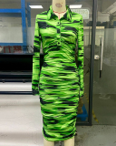 Women Long Sleeve Printed Ruched Lapel Sexy Bodycon Casual Midi Dresses Rosy Blue Green Orange S-XL