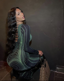 New Long Sleeve 3D Body Printed Bodycon Maxi Dresses Black S-XL