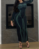 New Long Sleeve 3D Body Printed Bodycon Maxi Dresses Black S-XL
