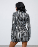 Women Long Sleeve Lapel Striped Deep V Neck Sexy Skirt Sets Two Pieces Outfit Black S-XL