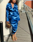 Women Long Sleeve Printed Ruched Lapel Sexy Bodycon Casual Midi Dresses Rosy Blue Green Orange S-XL